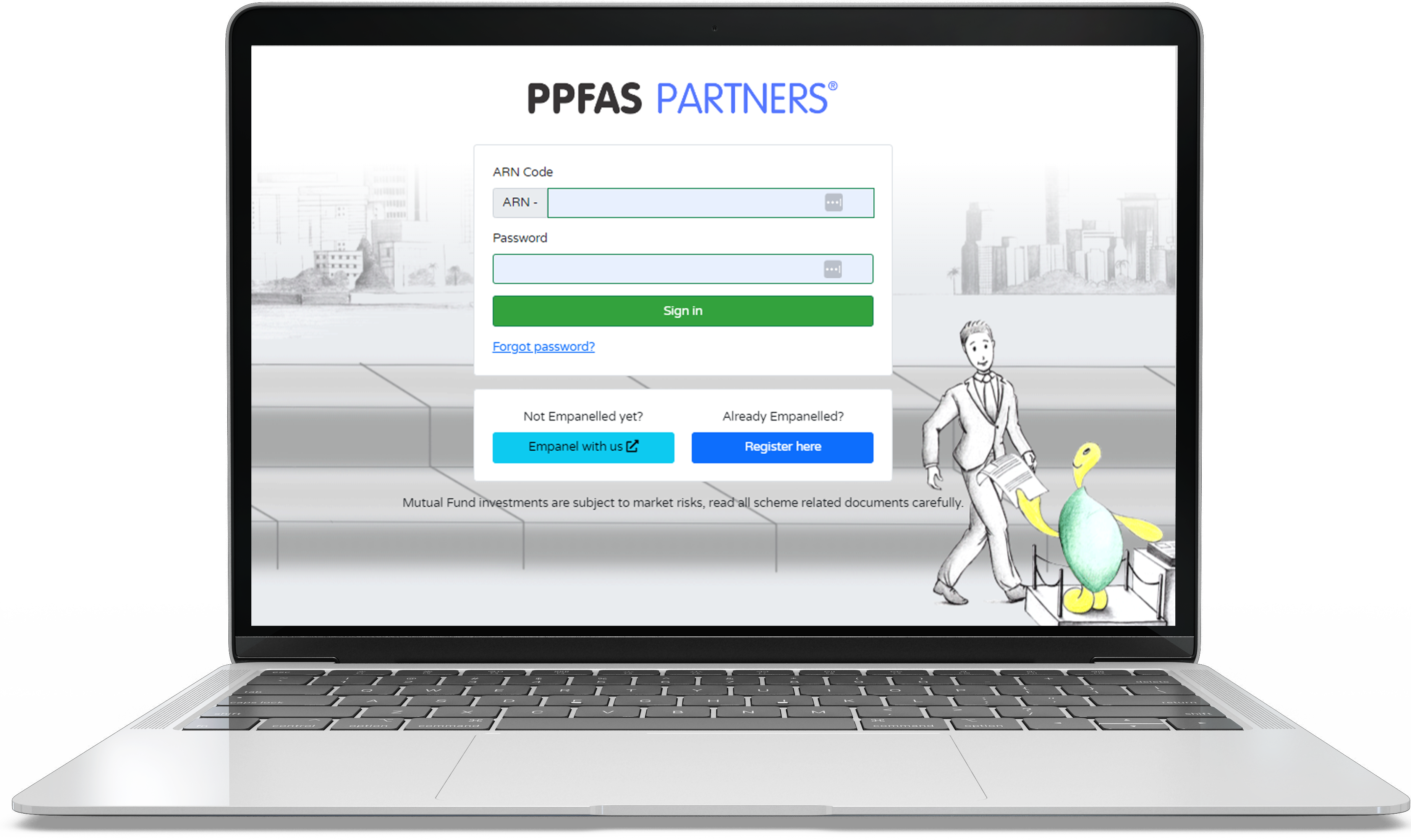 Laptop and Smartphone showing the start screen of PPFAS Partner App